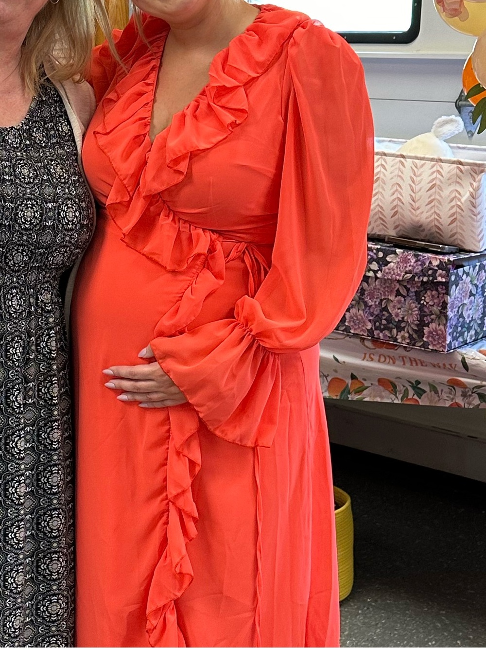 Boohoo Coral Orange Ruffle Wrap Maternity Dress